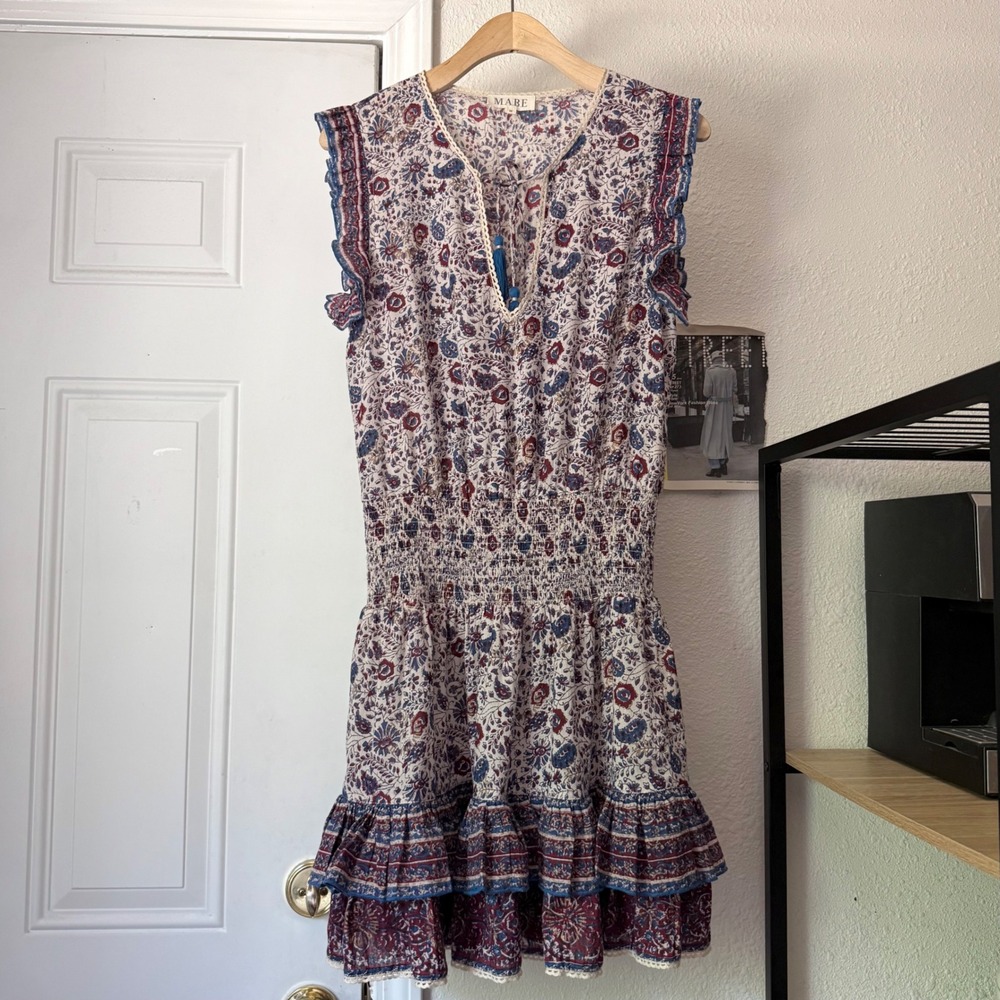 M.A.B.E. floral paisley gauze cotton lace trim smocked waist mini dress